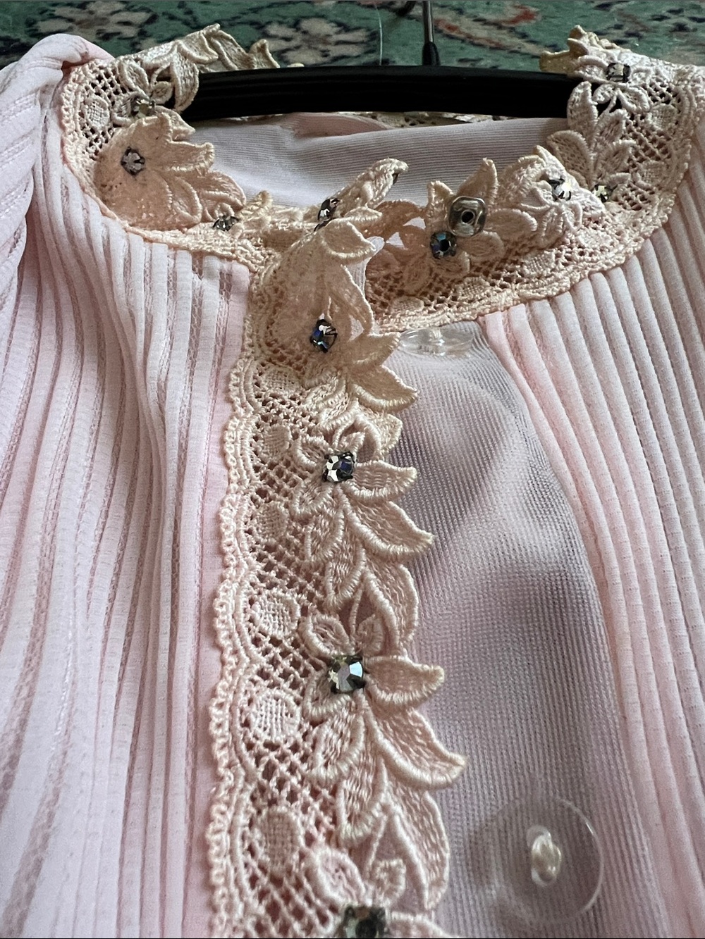 Vintage Pink Lace and Rhinestone Trim Blouse  with Sheer Sleeves